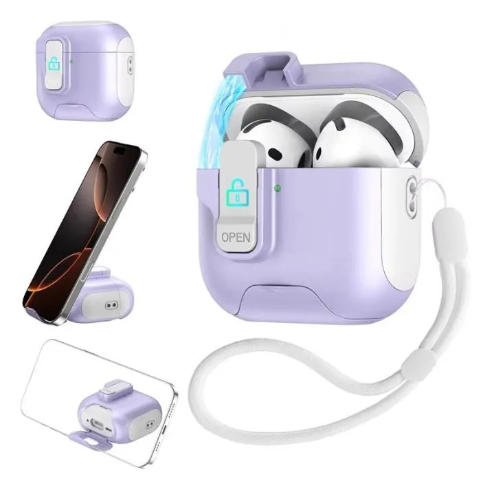 Case AirPods 4 SNAPFIT Stand Security Lock Magnetic with Lanyard — Purple