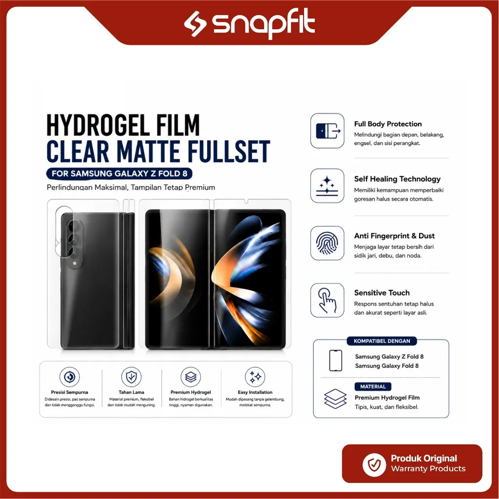 SNAPFIT Hydrogel Fullset Samsung Galaxy Z Fold8 Fold 8 Ultra SNAPFIT Film Fullset Screen Protector Clear Matte Full Body Protection Anti Gores — Belakang Clear / ZFold 8 (Wide)