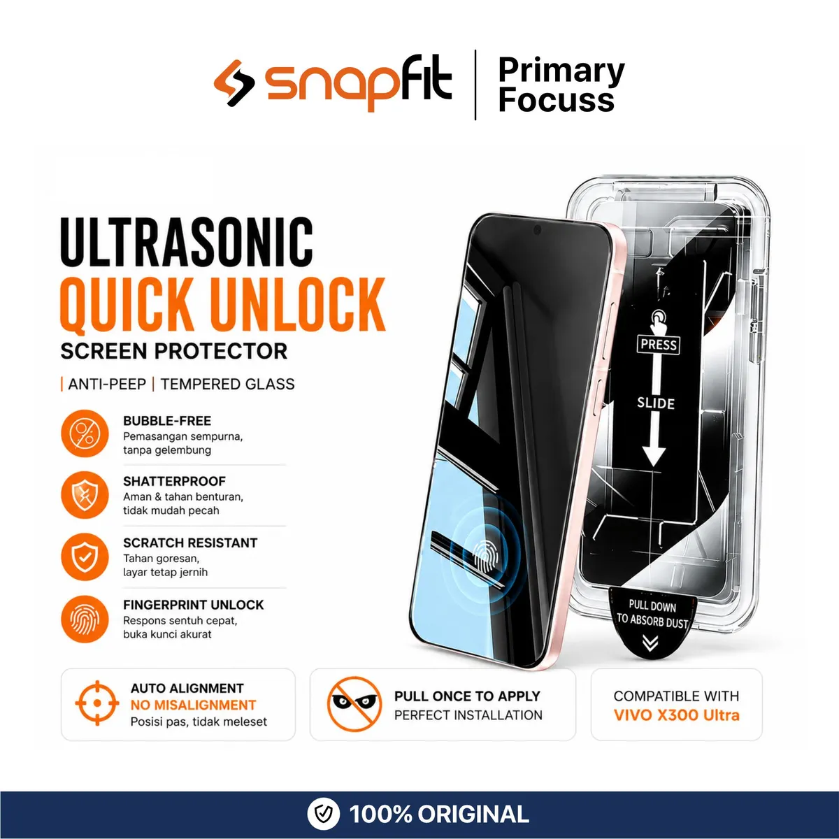 SNAPFIT Tempered Glass for VIVO X300 Ultra SNAPFIT Screen Protector With Tray Clear HD Privacy Anti Spy Anti Gores Pelindung Layar Guard - Primary Focuss ā Privacy With Tray