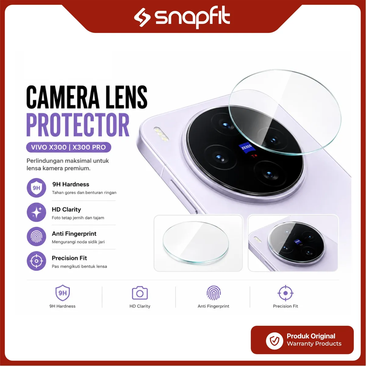 SNAPFIT Lens Camera Protector for VIVO X300 Ultra SNAPFIT Full Cover Camera Protector Pelindung Kamera Guard Tempered Glass ā Clear