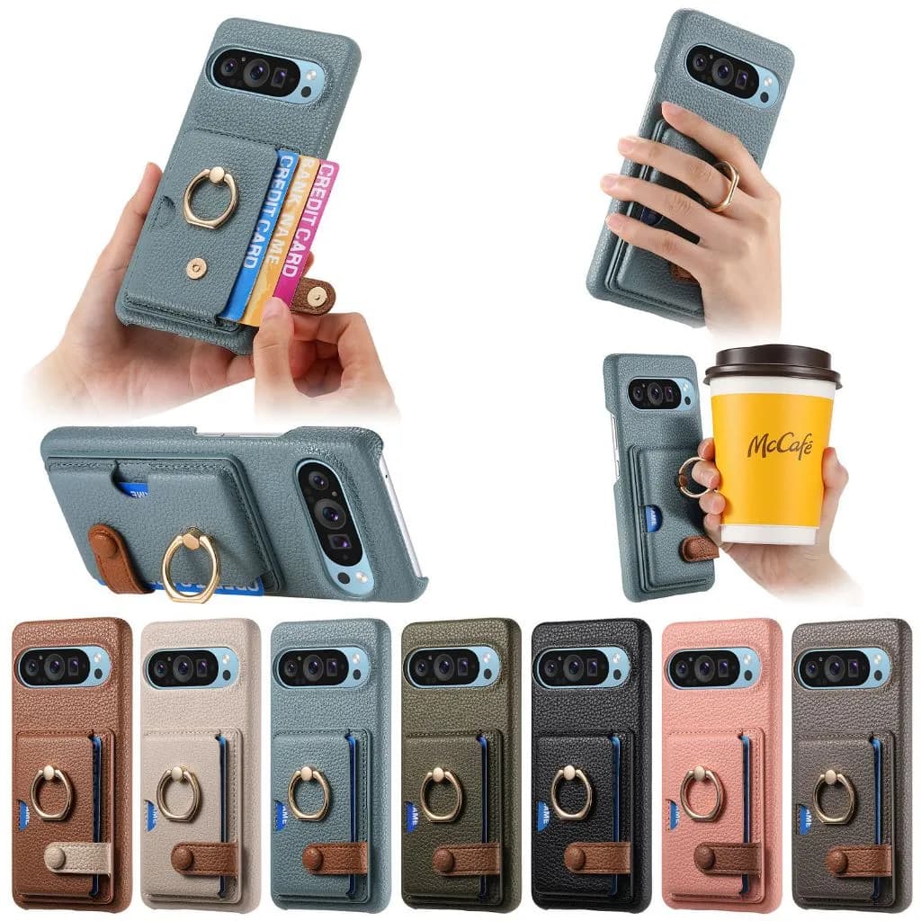 Case Google Pixel 10 Pixel 10 Pro XL SNAPFIT Leather Card Wallet Leather Ring Buckle — Black / Pixel 10 Pro XL