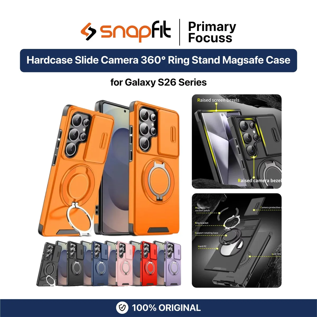 SNAPFIT Case for Samsung Galaxy S26 Ultra Plus SNAPFIT Hardcase Slide Camera Protection MagSafe Magnetic 360° Rotating Ring Stand Holder Protective Cover Casing - Primary Focuss — Navy / S26 Plus