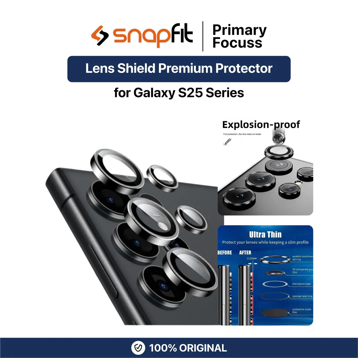 SNAPFIT Lens Camera Compatible for Samsung Galaxy S25 / S26 Ultra Plus SNAPFIT Lens Shield Camera Butiran Protective Casing Cover - Primary Focuss ā Black / S26 Plus