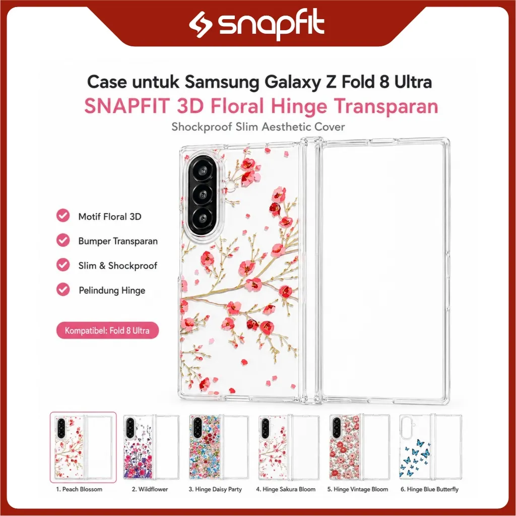 SNAPFIT Case Samsung Galaxy Z Fold 8 Ultra Fold8 Wide Transparan 3D Floral Hinge Protection Shockproof Slim Aesthetic Cover — Hinge Blue Butterfly / Z Fold 8 Wide