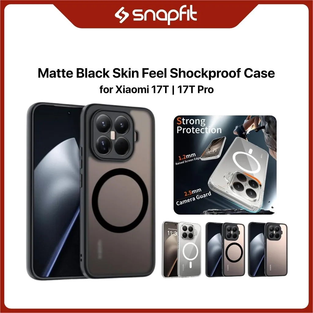 SNAPFIT Paket Combo Hemat Case Xiaomi 17T 17T Pro Skin Feel Shockproof Matte Black Casing — Clear Black + Glass / Xiaomi 17T