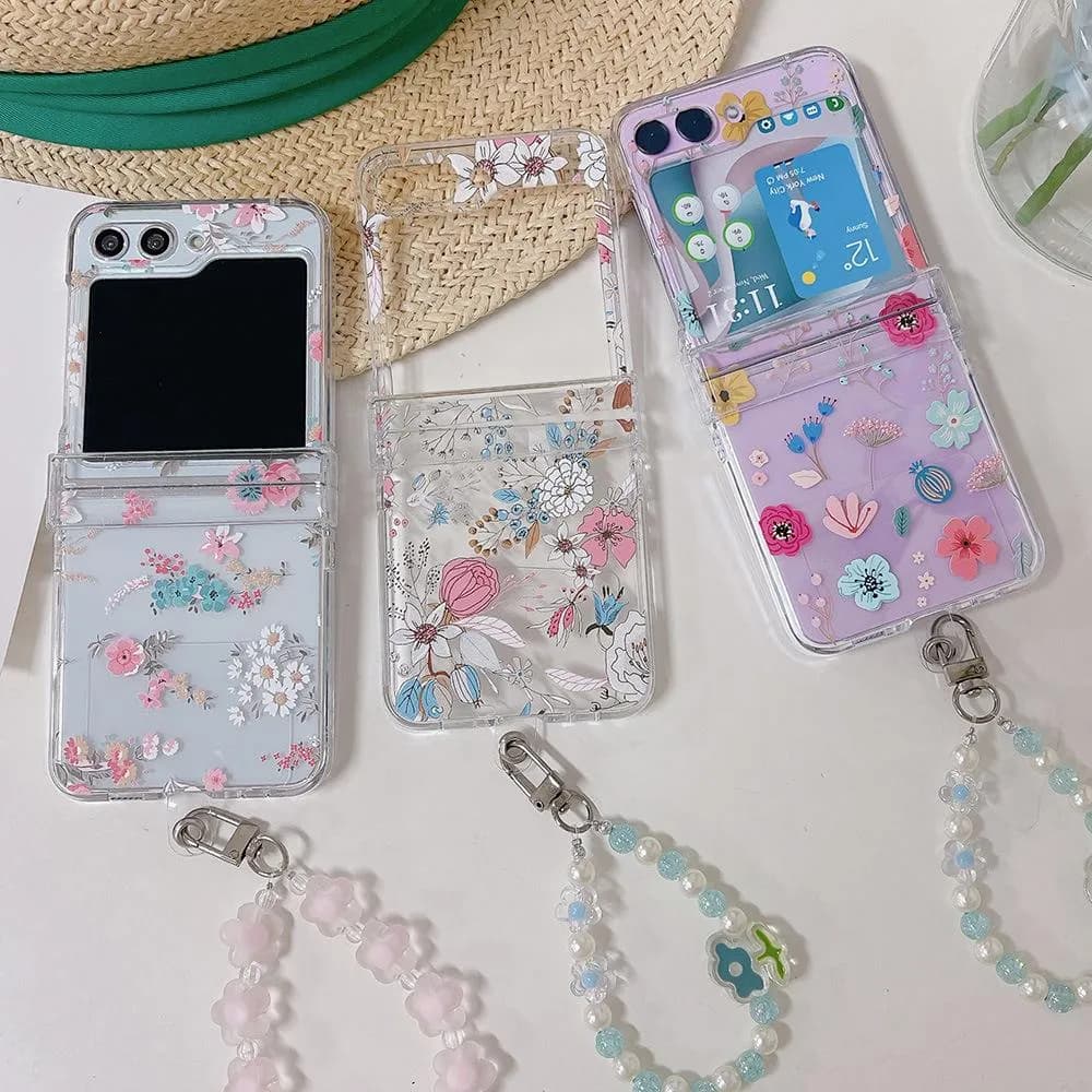 SNAPFIT Case for Samsung Galaxy Z Flip 8 Flip8 SNAPFIT 3D Floral Clear Transparent Painted Pattern Design Hinge Engsel Protector with Lanyard Protective Cover Casing - Primary Focuss ā Sricker Love