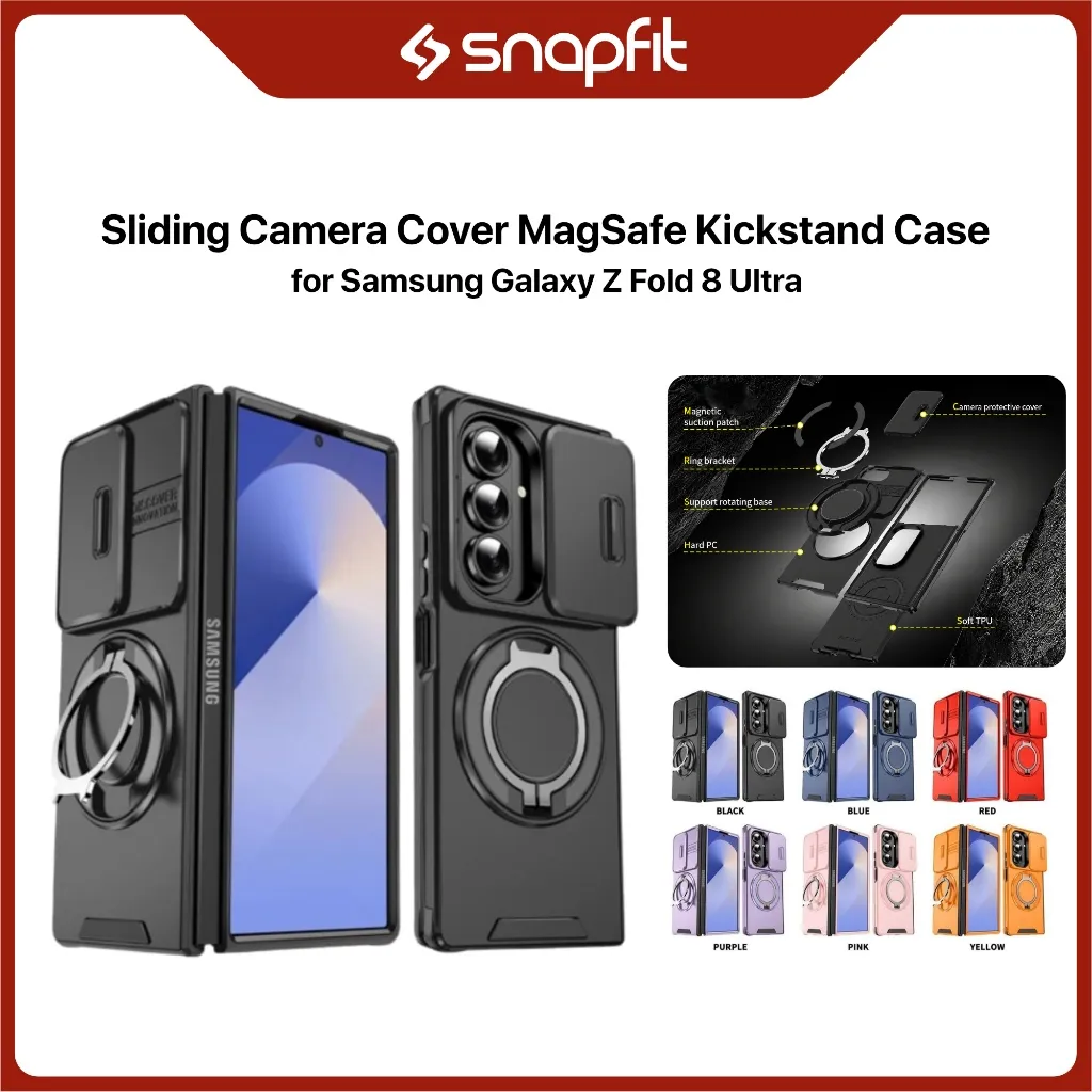 SNAPFIT Case Samsung Galaxy Z Fold 8 Ultra Fold8 Wide Kickstand Sliding Camera Cover MagSafe Magnetic Rugged Full Protection — Black / Fold 8 (Wide)