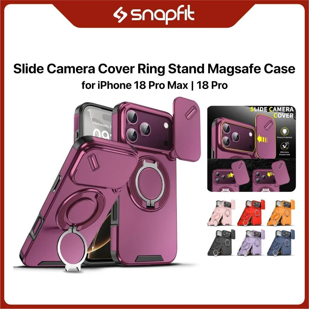 SNAPFIT Case iPhone 18 Pro Max 18 Pro Slide Camera Protection Magsafe Magnetic 360° Rotating Ring Stand Holder — Black / iPhone 18 Pro Max