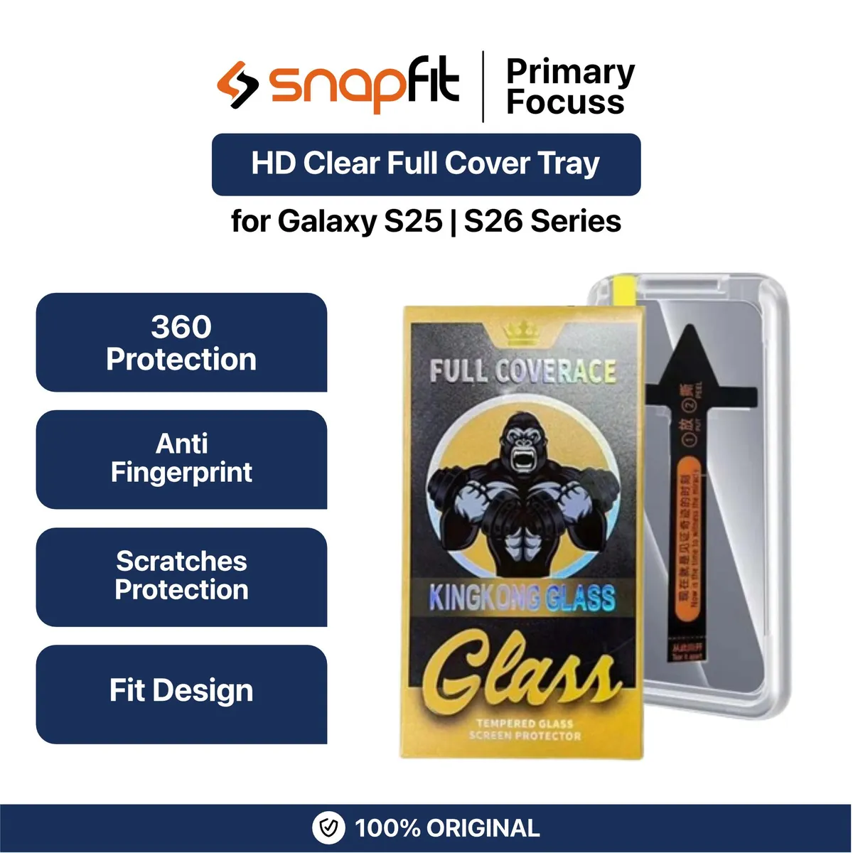 SNAPFIT Screen Protector for Samsung Galaxy S26 / S25 Ultra Plus SNAPFIT Screen Guard Anti Gores Clear Non Full With Tray - Primary Focuss — S26 / Clear