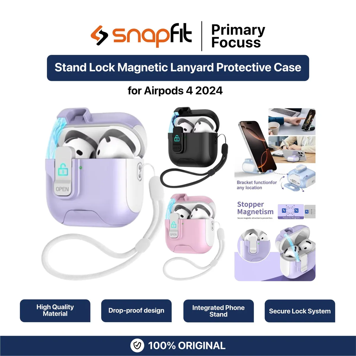 SNAPFIT Case Compatible for Airpods 4 2024 SNAPFIT Stand Security Lock Magnetic With Strap Lanyard Protective Cover Casing - Primary Focuss ā Apple Green / Airpods Pro 3 2025