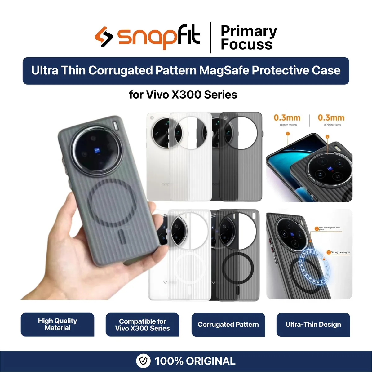 SNAPFIT Case Compatible for VIVO X300 Pro / X200 Pro 5G SNAPFIT Ultra Thin Corrugated Pattern Matte Magnetic MagSafe Anti-slip Protective Back Cover Casing - Primary Focuss โ Matte Black / Vivo X300 Pro