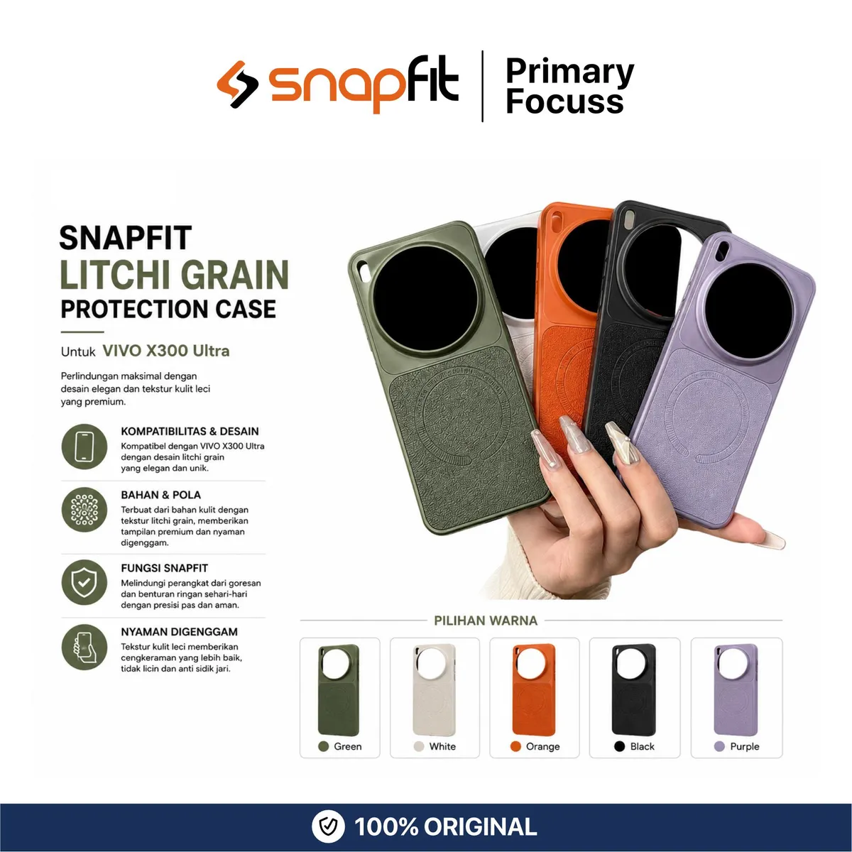 SNAPFIT Case for Vivo X300 Ultra SNAPFIT Leather Litchi Grain Pattern MagSafe Magnetic Protective Casing Cover - Primary Focuss — Black