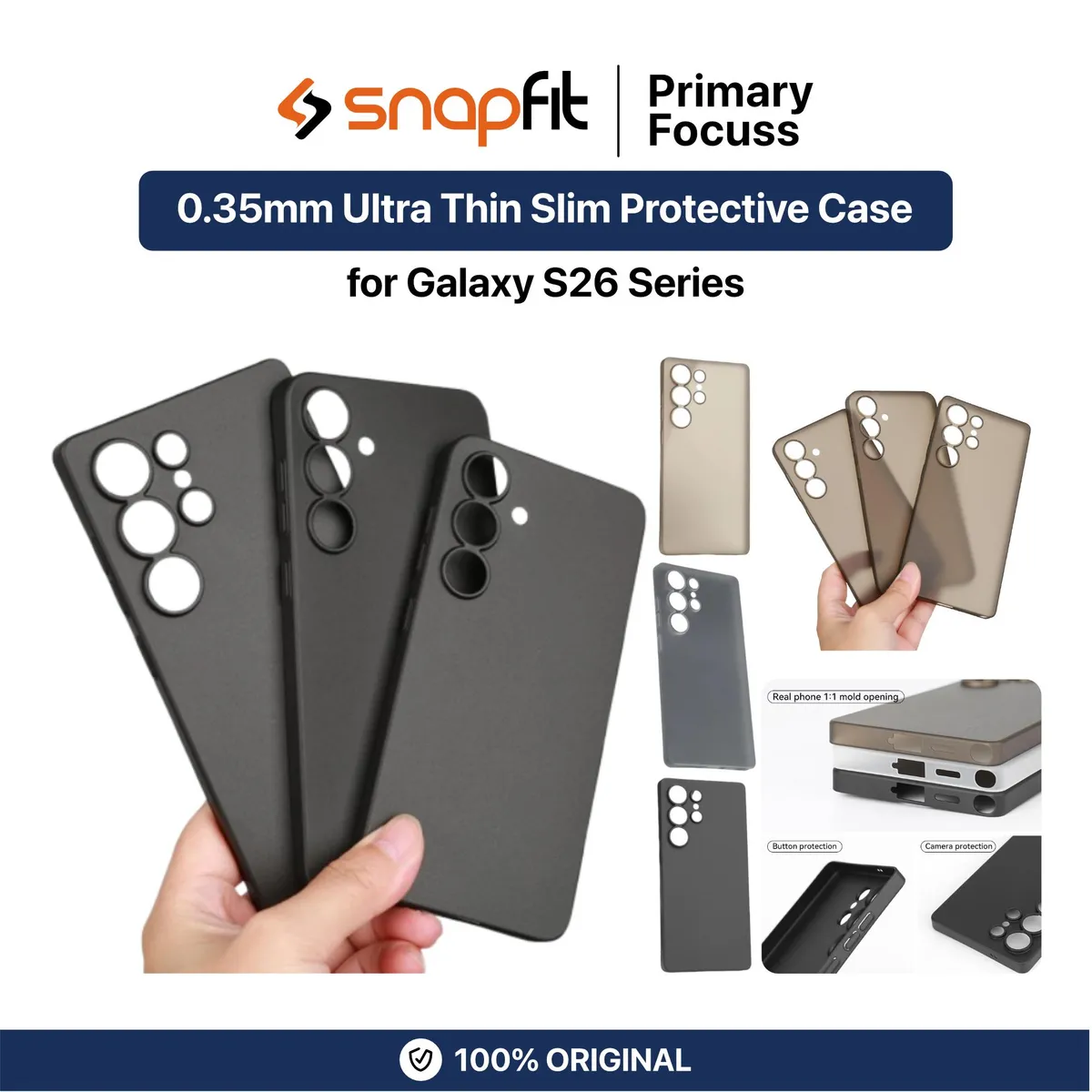 SNAPFIT Case for Samsung Galaxy S26 S25 Ultra Plus SNAPFIT 0.35mm Ultra Thin Slim Tipis Matte Protective Cover Casing - Primary Focuss โ Black / S26