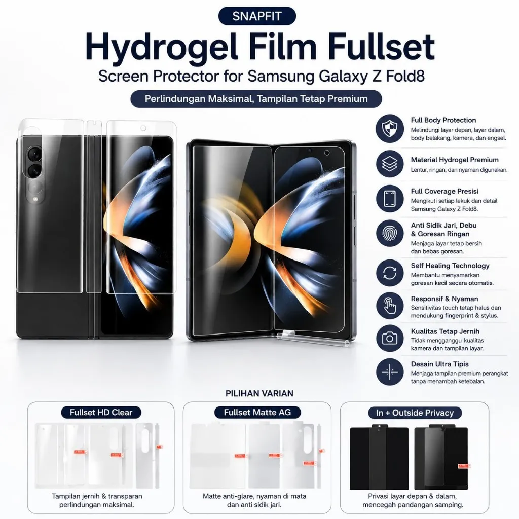 SNAPFIT Screen Protector Hydrogel Fullset Samsung Galaxy Z Fold 8 Fold 8 Ultra Film Fullset Clear Matte Full Body Protection Anti Gores — Belakang Clear / ZFold 8 (Wide)