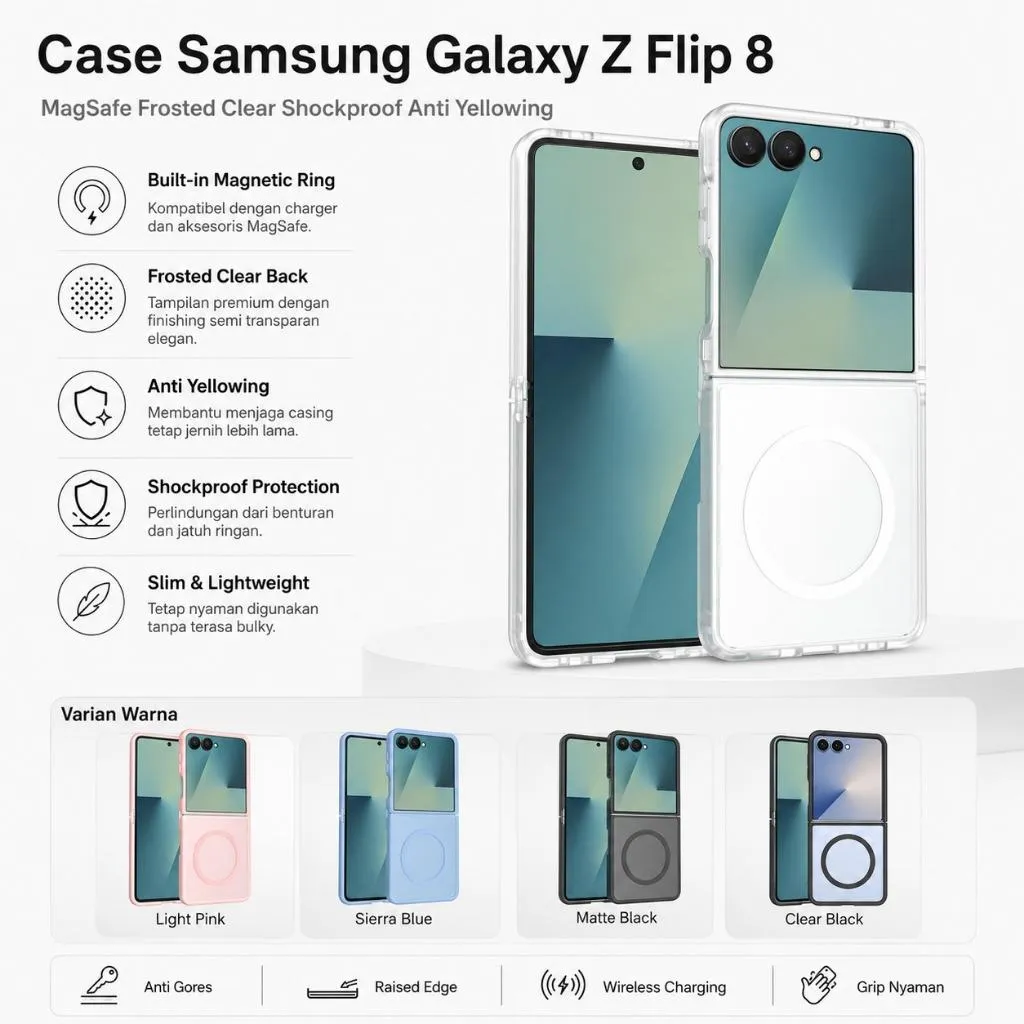 SNAPFIT Case Samsung Galaxy Z Flip 8 MagSafe Frosted Clear Shockproof Anti Yellowing Magnetic Ring — Hinge Transparent